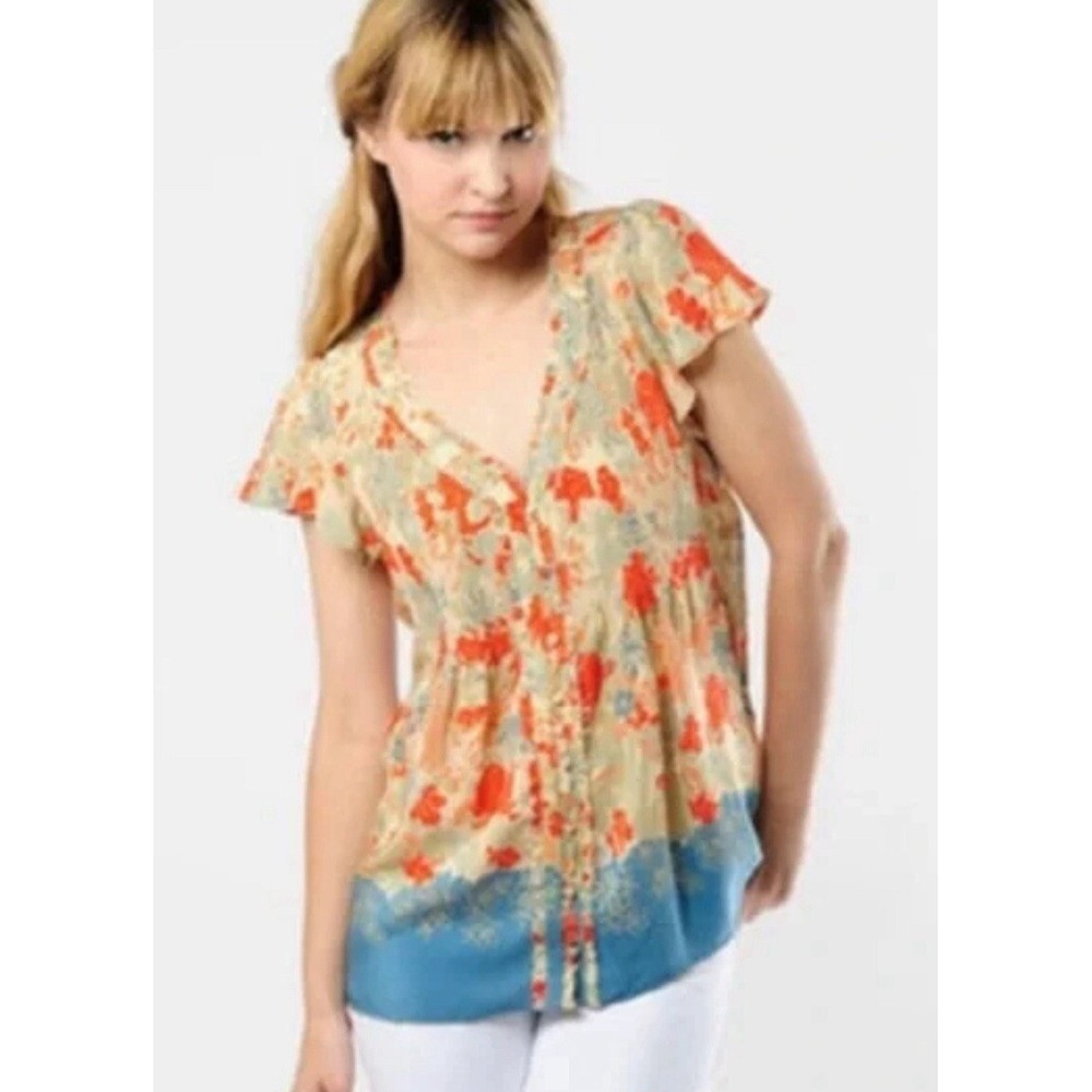 Joie 100% Silk Floral Short Sleeve Wynne Blouse Untuck Button Flutter Sleeve Med